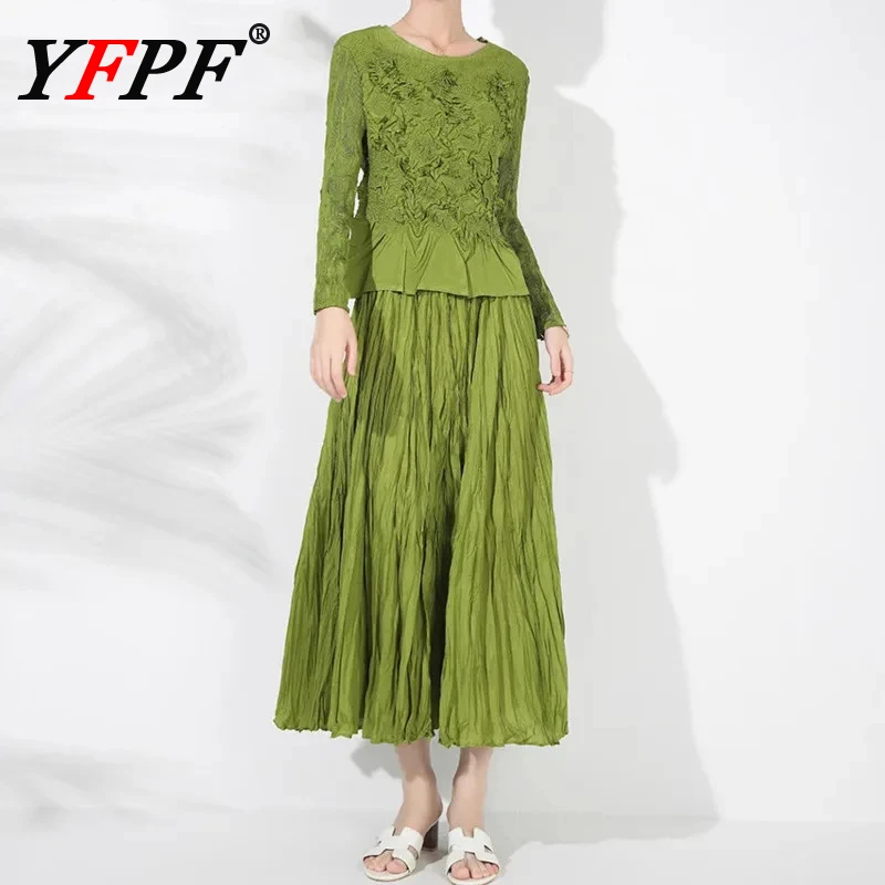 

YFPF Miyake Pleated Fashion Women 2 Piece Set Long Sleeve Tops + Folds A Line Skirt 2025 Elegant New Clothing Sets 3A152
