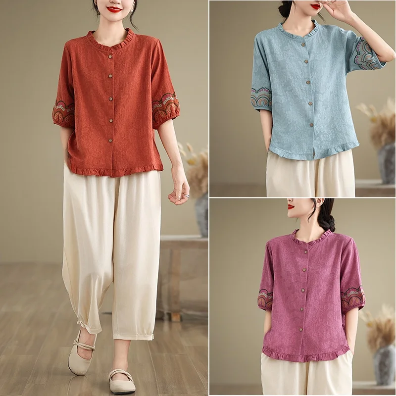 

Summer 2026 New Cotton Linen Set High End Women's Brand Large Size Top Harlan Pants Two Piece Set Commute Style Artistic Long...