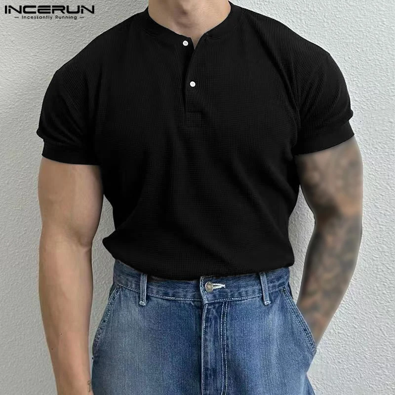 INCERUN Tops 2024 Korean Style New Men's Fashion Henry Neck Design T-shirts Casual Streetwear Loose Short Sleeved Camiseta S-5XL