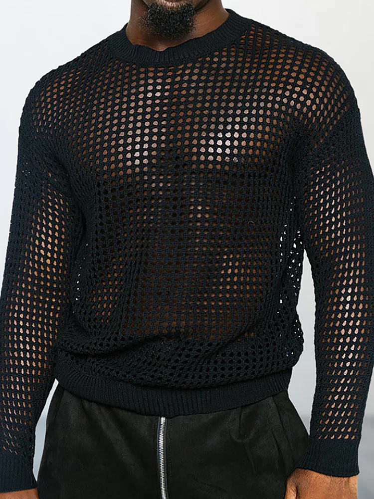 

Hollow Out Fashion Loungewear Pullovers, Men Spring Summer Long Sleeve Simple Thin Sweaters, O-Neck Elegant Solid Sexy Male Tops