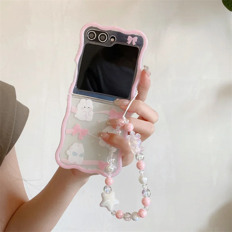 Phone Case For Samsung Galaxy Z Flip 6 5 4 3 Cute Bow Rabbit Bracelet Wave Shockproof Cover For Samsung Z Flip6 ZFlip6