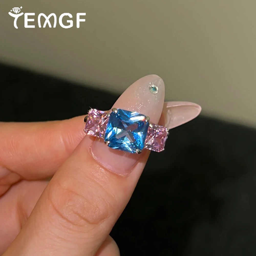 

TEMGF 9mm Blue Zircon/Moissanite Ring 3 Round/Square Stones Inlay 925 Sterling Silver Party Luxury Sparkling Fine Jewelry