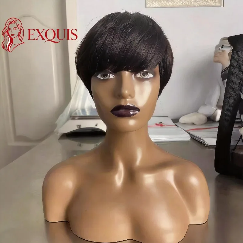 

#99J#30#27#350 Natural Color Pixie Cut Curly Human Hair Full Machine Wig with Bangs Brazilian Virgin Remy for Black Women Salon