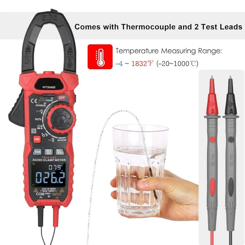 AC/DC Digital Clamp Meter 1000 A True RMS Auto Range Professional Multimeter, 6000 Counts, Inrush