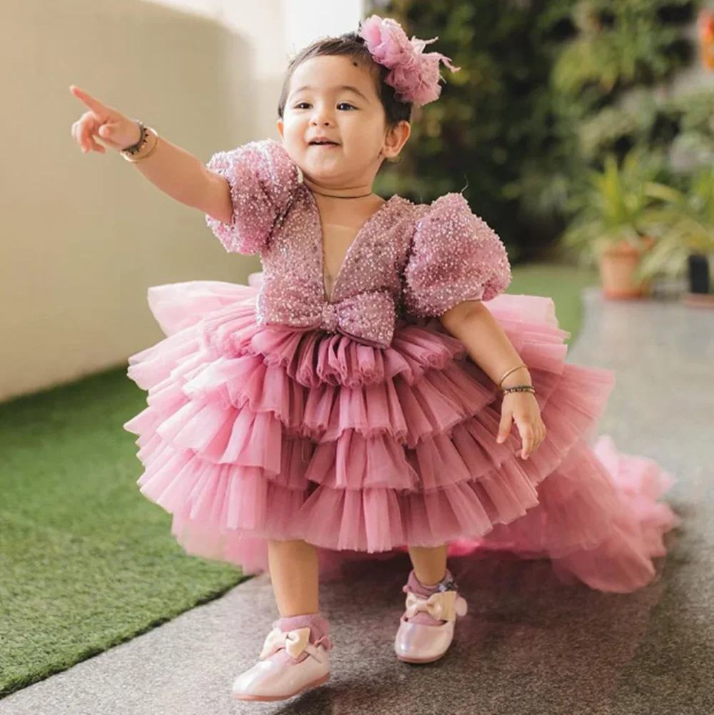 

Pleat Puff Short Sleeve A Line Flower Girl Dress Luxury Sequined Mini Length Shiny Sweep Train Communion Girl Gown New 2025