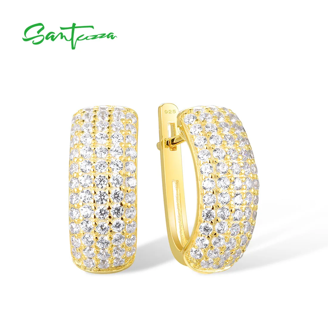 SANTUZZA 925 Sterling Silver Classic Bold Earrings For Women White Cubic Zirconia Latch back Wedding Party Fine Elegant Jewelry