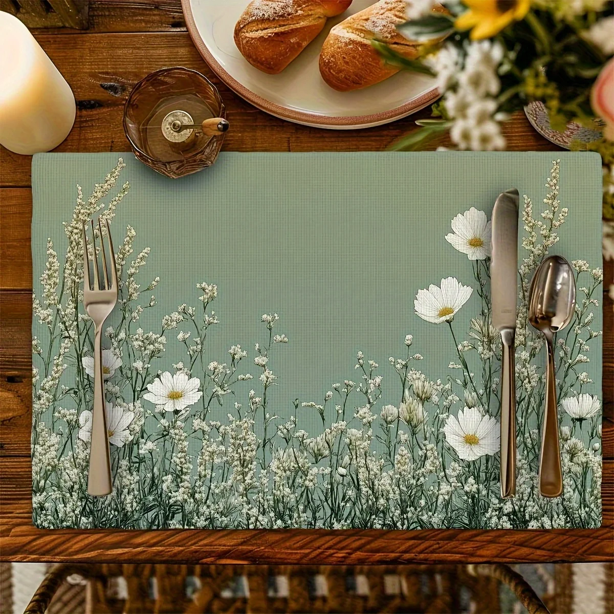 

4pcs Sage Green Floral Placemats – Vintage Daisies & Wildflowers DesignWashable Polyester, Ideal for Indoor/Outdoor Dining