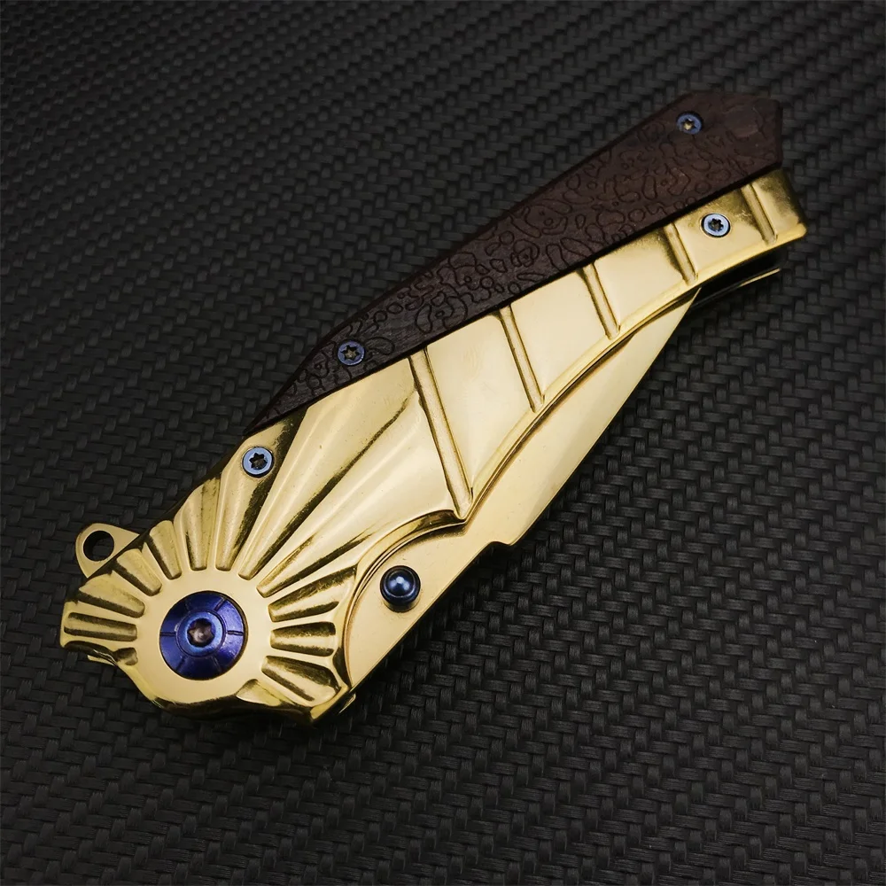 High Quality BN 368 Golden Folding Knife Assisted Flipper 5Cr13Mov Blade Stainless Steel Inlaid Colored Wood Handle Outdoor Tool
