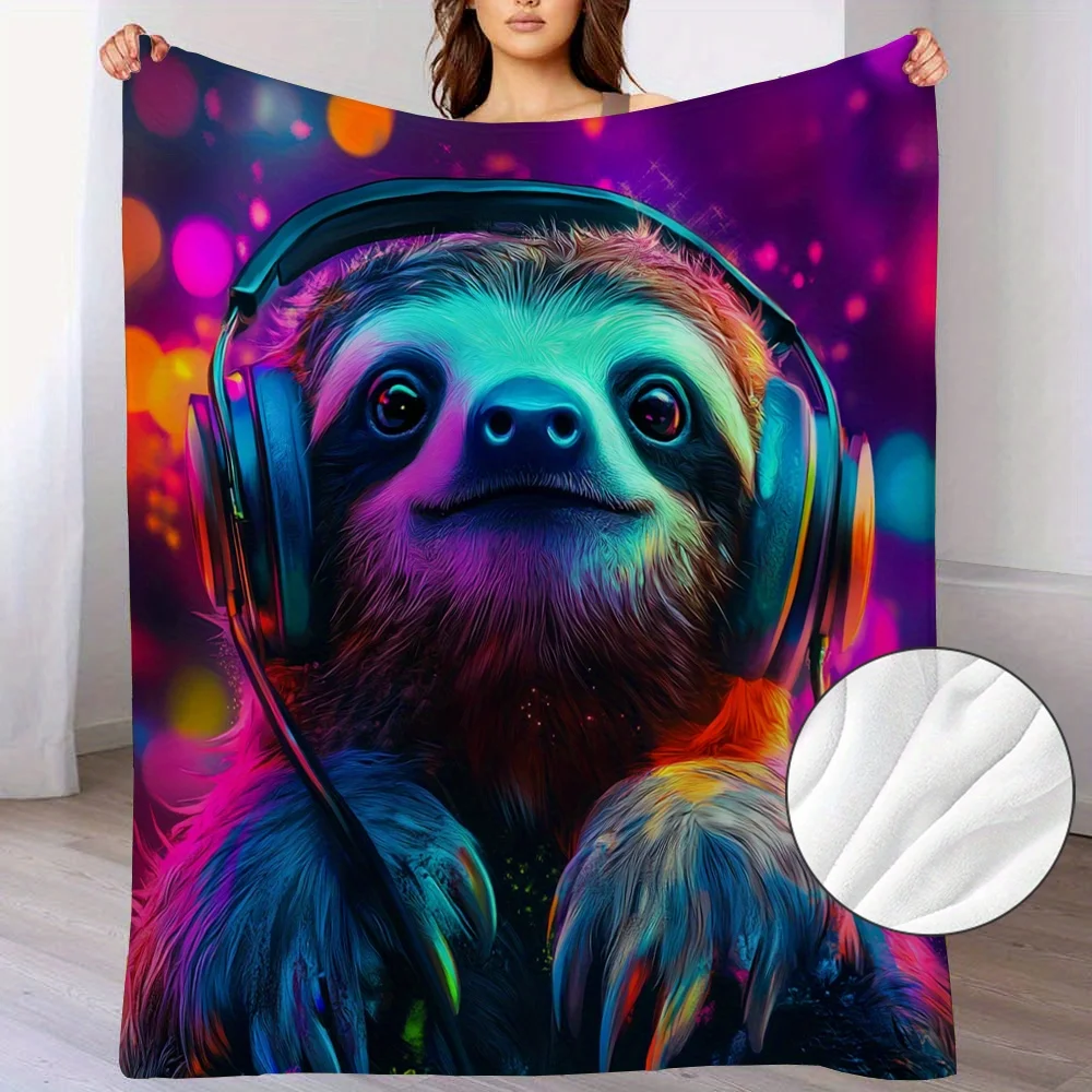Cool Sloth Headphones Throw Blanket Neon Psychedelic Music DJ Animal Art Cozy Soft Decor For Couch Sofa Bed Bedroom Lounge