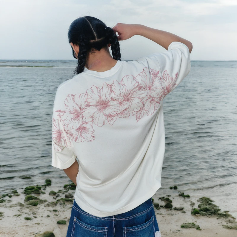 Y2K Flower Embroidery T Shirt Unisex Loose Fit Crew Neck Heavyweight Pure Cotton Short Sleeve Tee Back Embroidery Summer Top