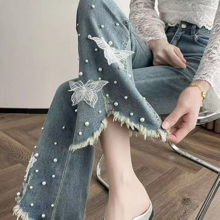

​​2025 Spring Summer Petite Jeans Women Raw Hem Flared Butterfly Detail Stretchy Ankle Length Trendy Pants​​