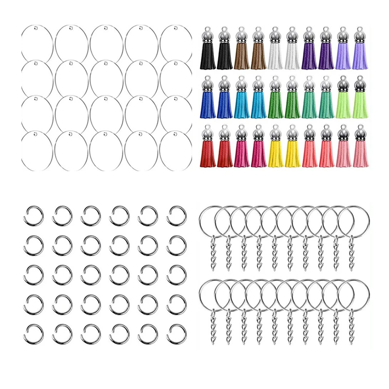 126Pcs Unique Creative DIY Handicraft Acrylic Key Chain Multicolor Tassel Pendant Key Ring Set