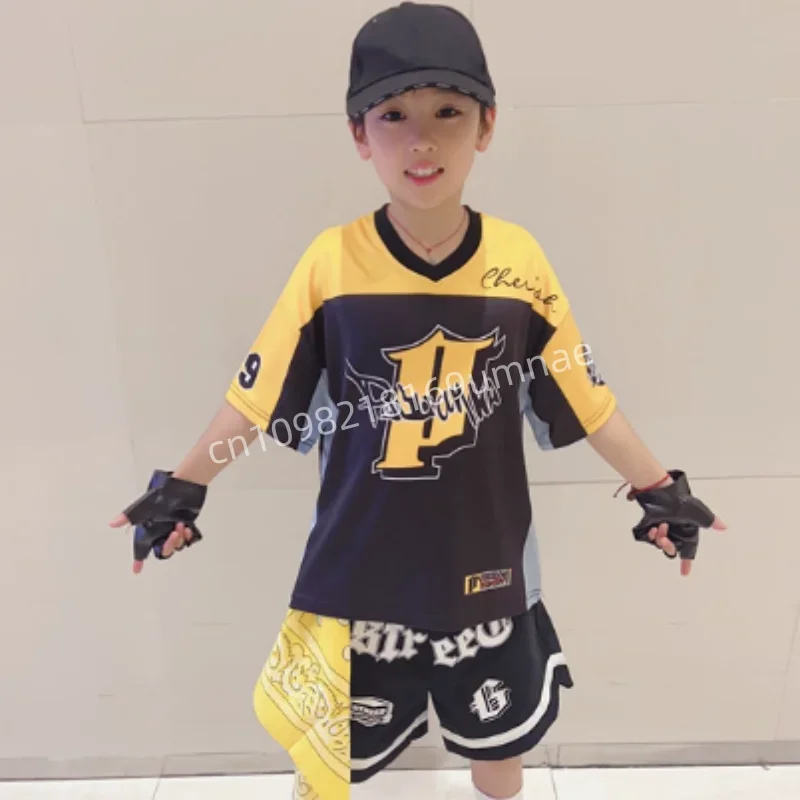 Boys Hip Hop Contrast T Shirt Street Dance Shorts Girls Loose Yellow Cargo Pants Streetwear Jazz Dance Performance Costume Sets