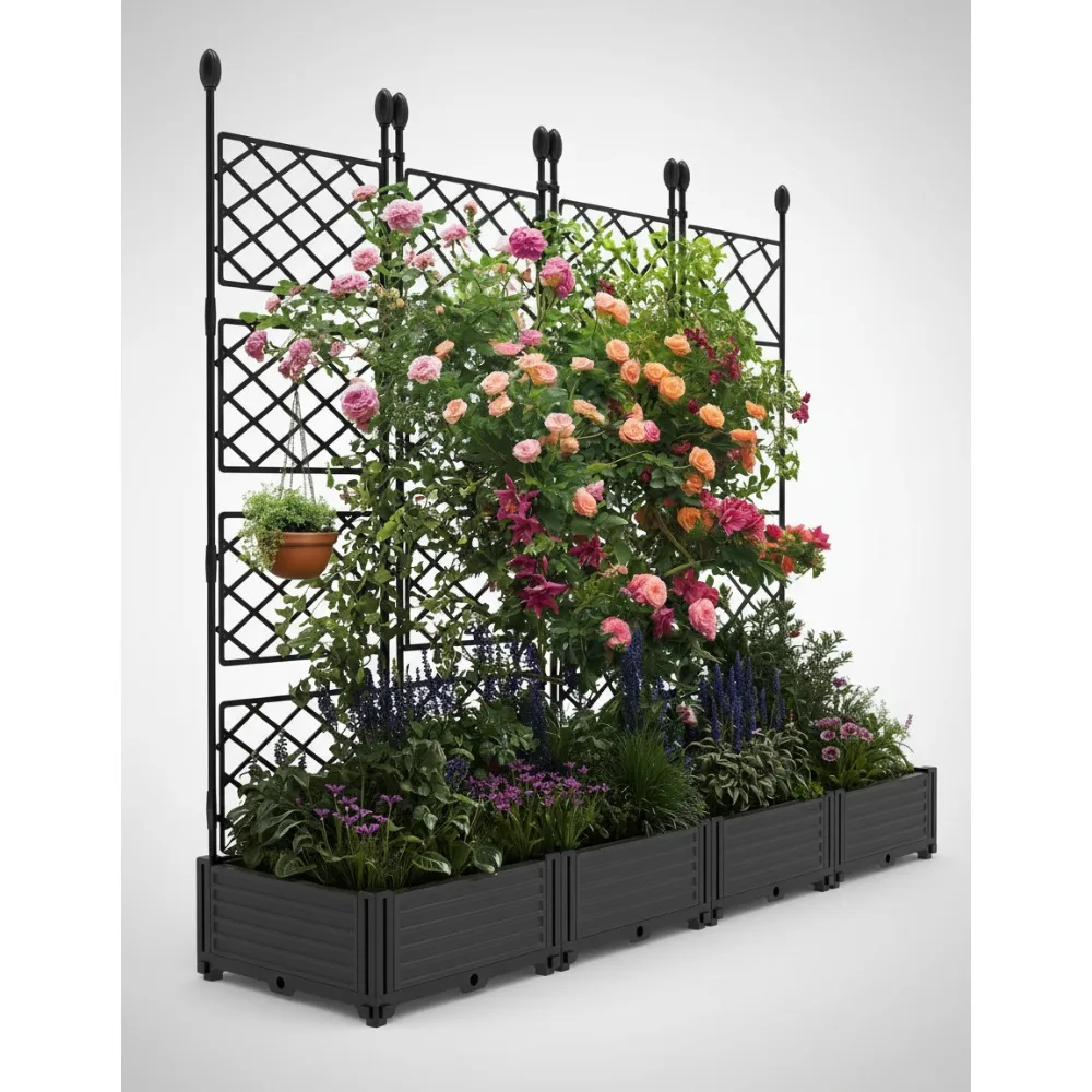 

4-Piece Vertical Garden Bed Kit with Trellis - Stackable Planter Box for Balcony Privacy, Small Space Gardening