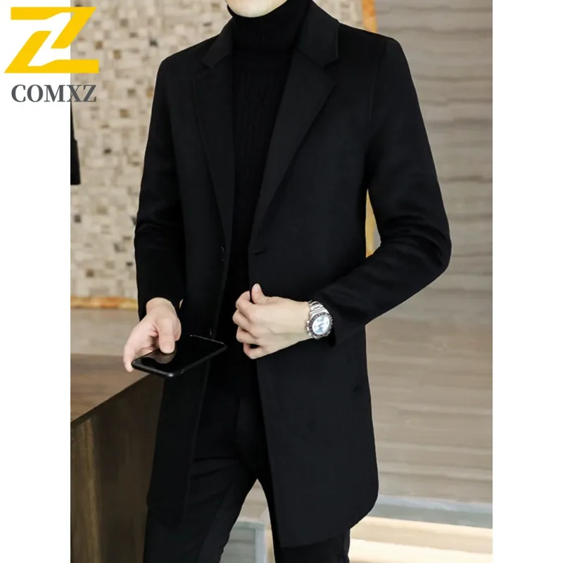 COMXZ سترات شتوية طويلة 2025 رجل الشارع البريطانية سميكة معطف من قماش الكشمير رجل الأعمال الترفيه كلينفيت الصوف يمزج معاطف خندق