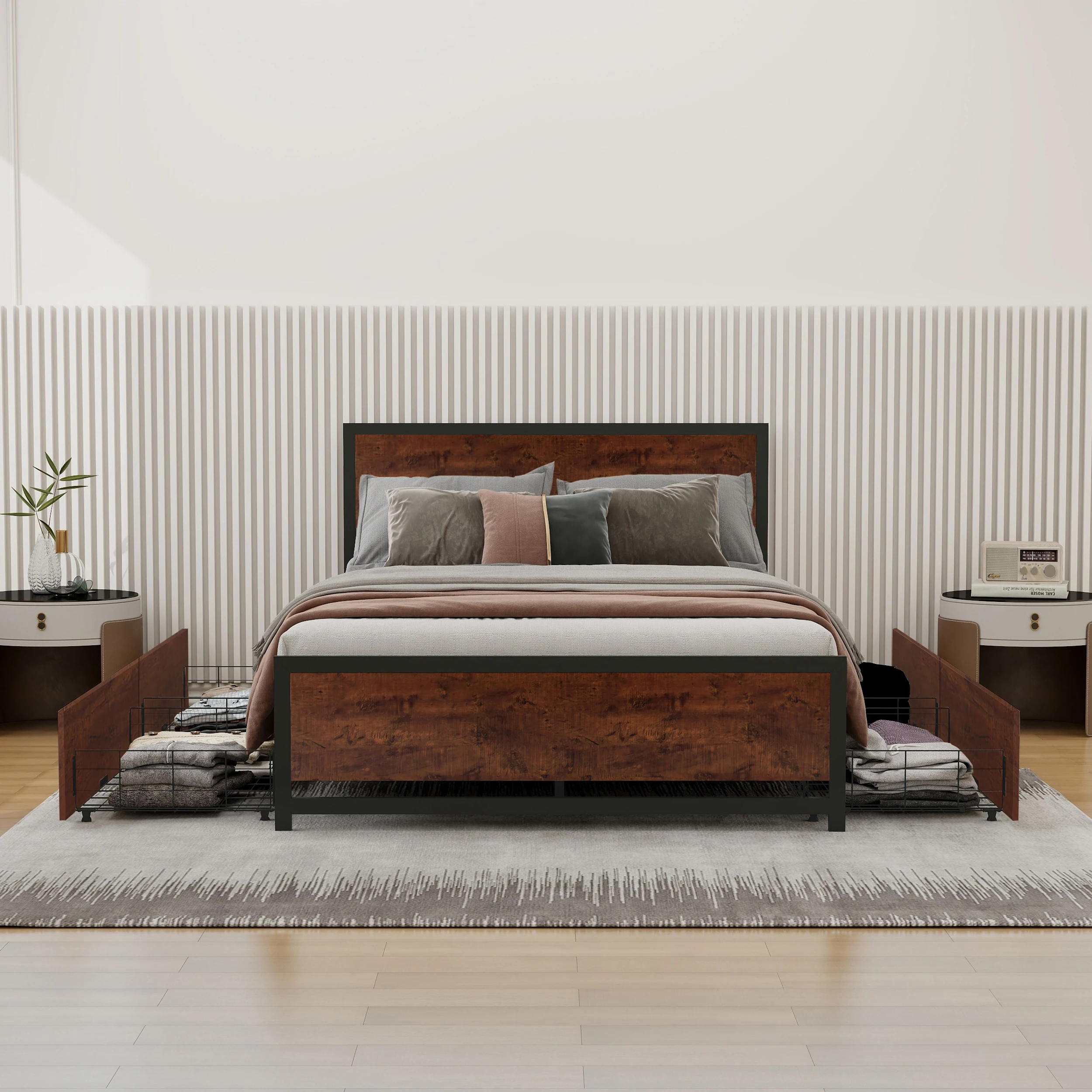 Metal Platform Bed Frame With 4 Drawers, Particle Board Headboard, Strong Metal Slat Support No Box Spring Needed Easy Assembly