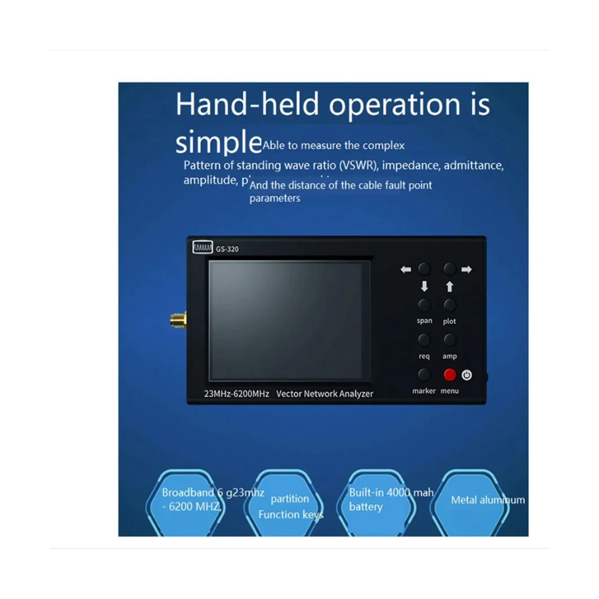 Portable VNA SWR 6GHZ Vector Network Analyzer Reflectometer GS-320 23-6200Mhz for Nanovna Type,Touch Screen with RF DEMO