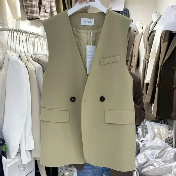 

Корейский костюм с V-образным вырезом, жилет, весна-осень, новинка 2025 года, повседневный высококачественный костюм с двойной пуговицей, чистый цвет, полиэстер