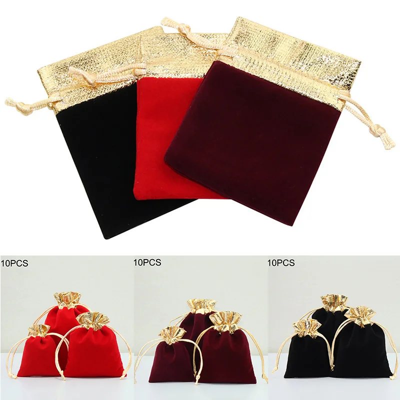 10Pcs Gold Color Black Red Velvet Fabric Drawstring Pouches Wedding Jewelry Storage Packaging Bags Christmas Gifts Package Bag