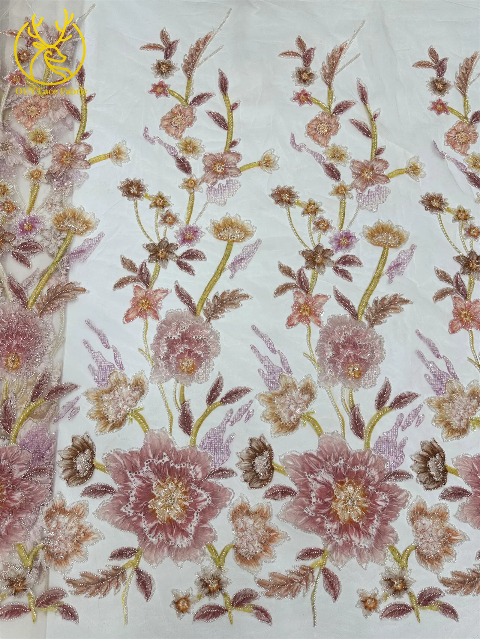 Neuer Stil 3D Blumen-Pailletten-Perlen-Spitzenstoff 2026 Afrikanischer Spitzenstoff Französische Netz-Pailletten-Spitze für Hochzeitskleider zum Nähen – Detail 6