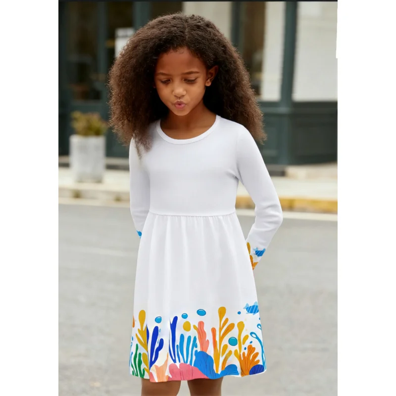

2025 Girls' Long Sleeve Underwater Creature Positioning Floral Dress