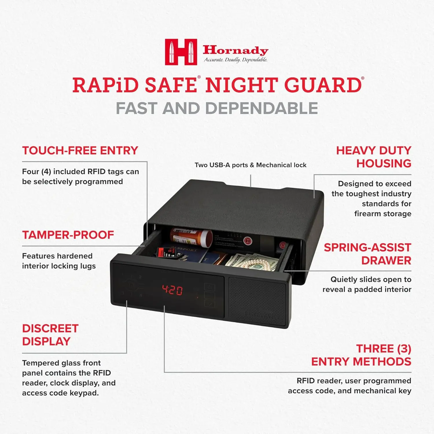 Rapid Safe Night Guard – Nightstand Gun Safe with RFID Reader, Clock, USB Ports – RFID Safe for Fast, Multiple Method Entry – In