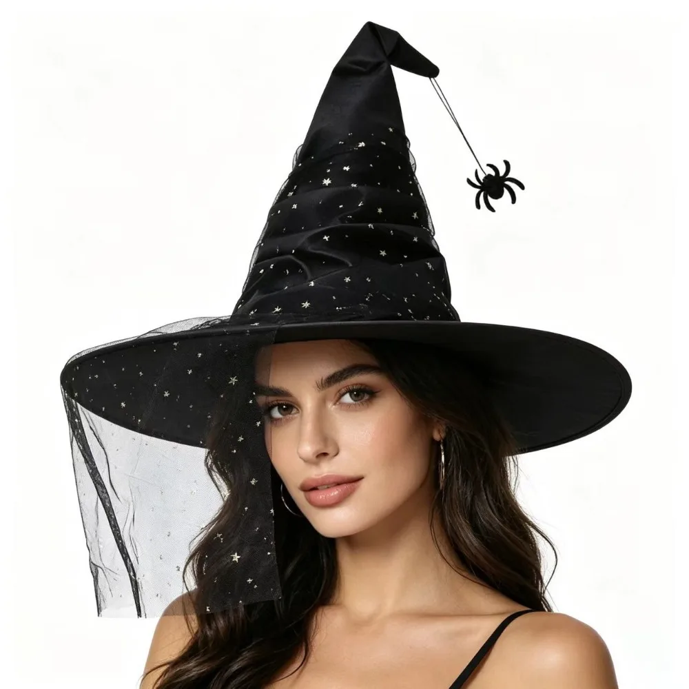 chapeu-de-bruxa-de-halloween-com-cobertura-de-malha-pingente-de-aranha-e-morcego-estrelas-brilhantes-chapeu-de-mago-pontudo-dobravel-com-veu-para-role-play