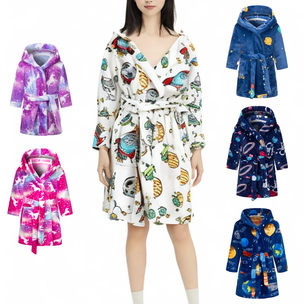 

Cartoon Long Sleeve Hooded Pajamas Children Girl 2-12Years Flannel Bathrobe Four Seasons Sleepwear Robe Shower House Clothing