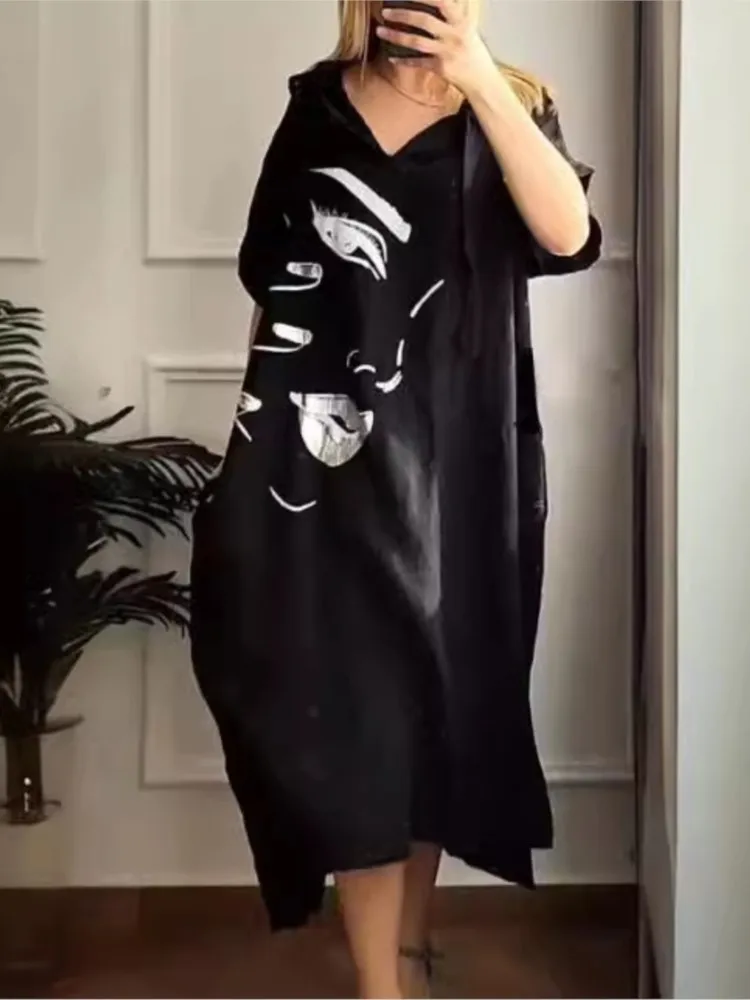 Luźna długa sukienka z kapturem na co dzień dla kobiet moda z krótkim rękawem sukienka Oversize letnie wygodne sukienki szata Femme