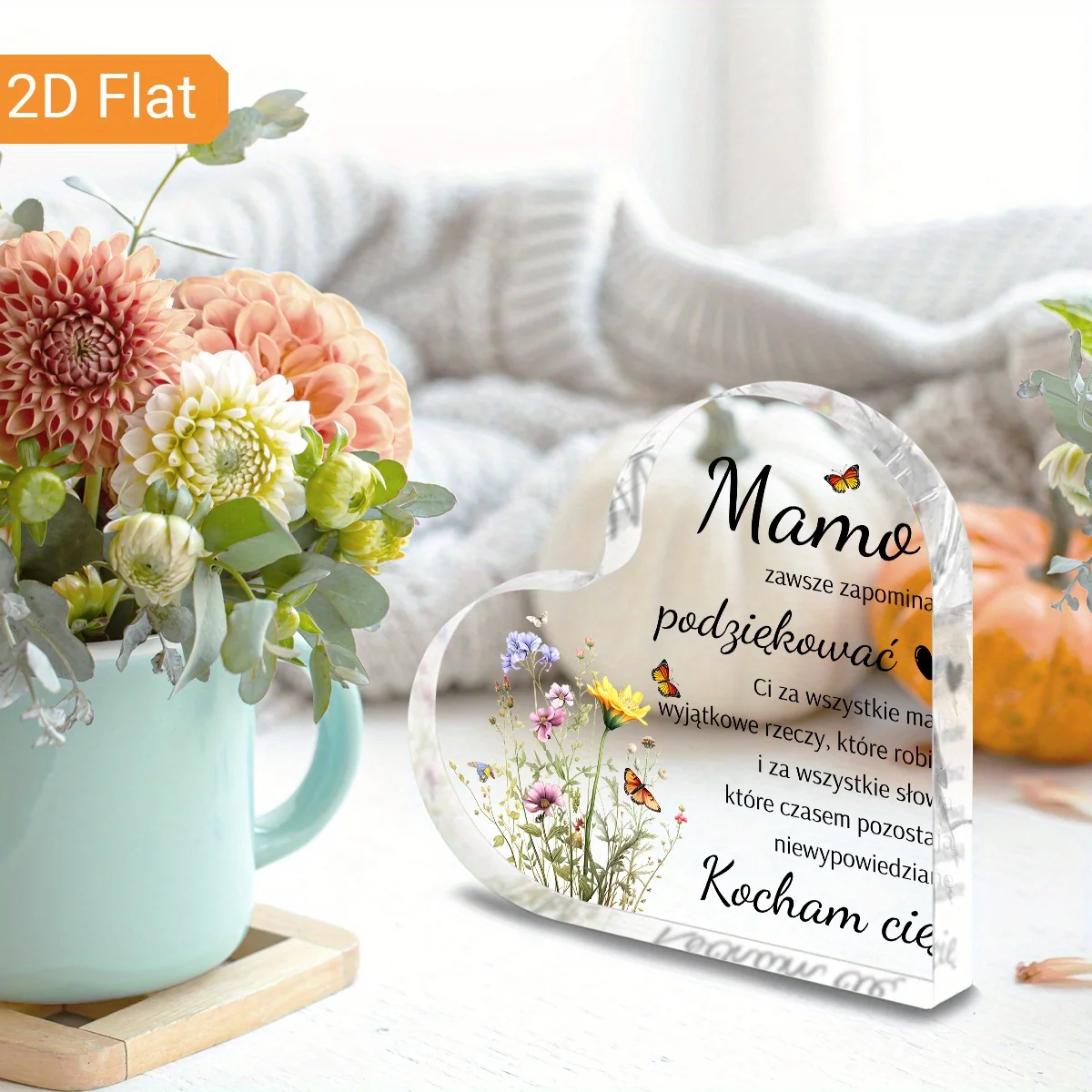 2D， Polish heart-shaped acrylic desktop decoration - floral butterfly design, suitable for home living rooms, Mother's Day gifts