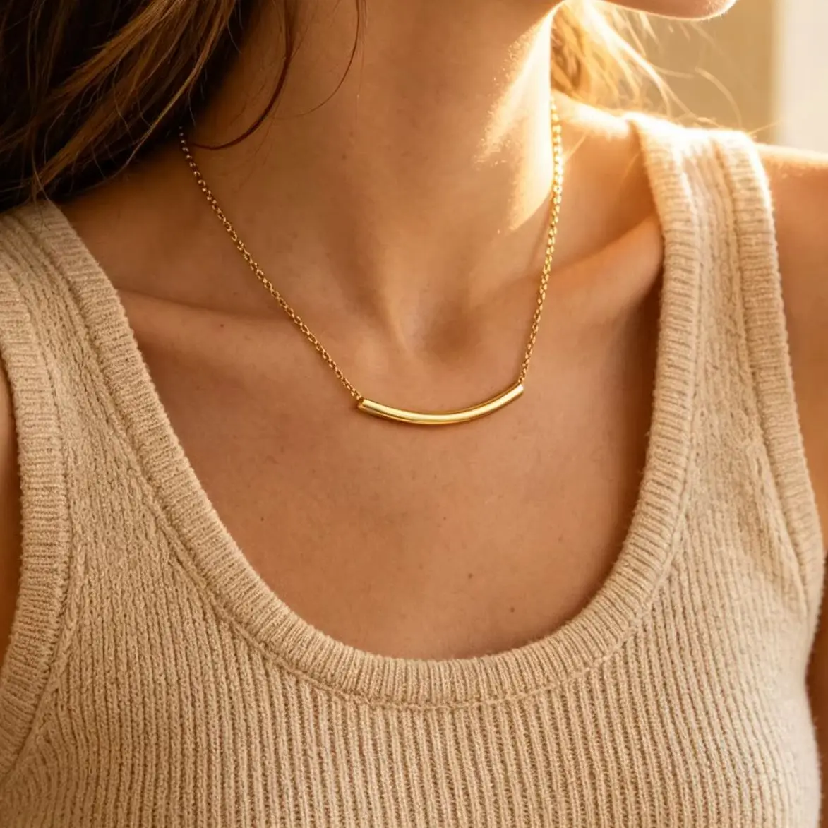 Stainless Steel Curved Bar Necklace for Women Minimalist Smile Tube Pendant Neck Chain Daily Wear Jewelry Gift