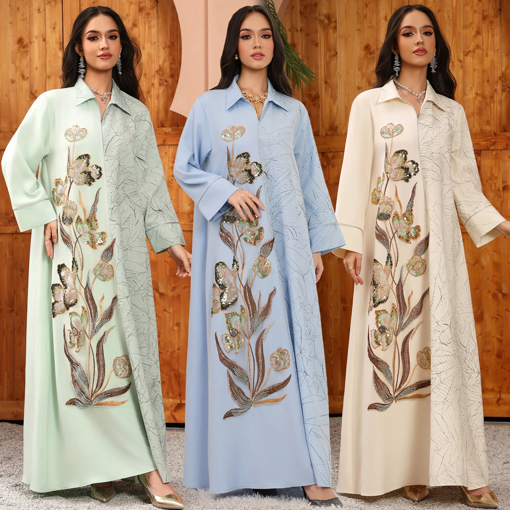 Ramadan Eid Party Events Regular-Fit Elegant Jacquard Jalabiya Arab Dress Muslim Abaya-Shirt Collar, Sequins & Beads Embroidery