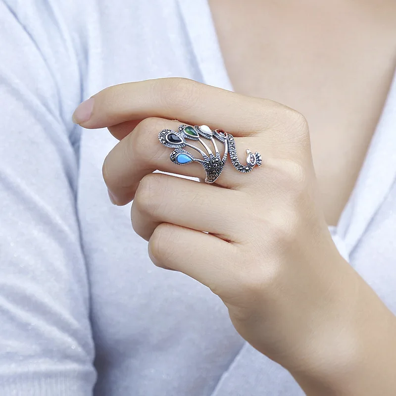 925 Sterling Silver Peacock Ring Female Retro Exaggerated Opening Phoenix Index Finger Ring Women Stones Temperament Accessories