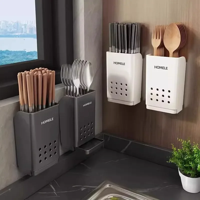 Portautensili da parete da cucina Porta bacchette drenante multifunzionale Scatola portaoggetti per posate da parete o indipendente