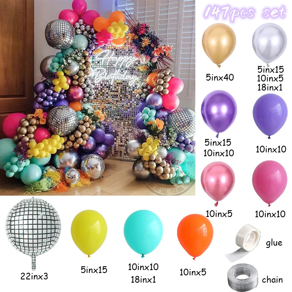 97/147Pcs 4D Disco Balloons Back to 80s 90s Summer Hawaii Balloon Garland Arch Kit Retro Birthday Wedding Baby Shower Supplies