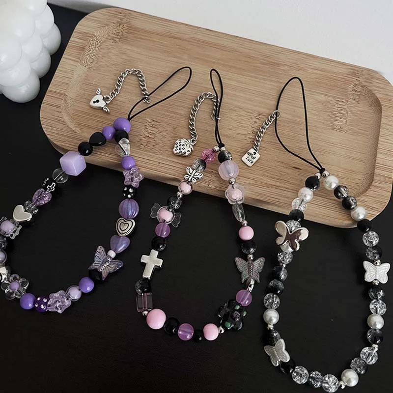 

Ins милый браслет с бабочкой и кристаллами для телефона, ремешок с бусинами «сделай сам», подвески для iphone airpods, брелок с защитой от потери веревки, кулон