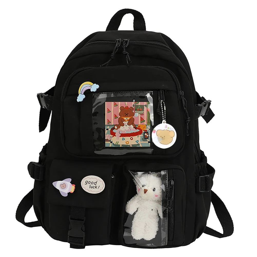 

College Student Rucksack Fashion School Backpack Nylon with Plush Pendant Pin Cute Large Capacity Japanese Style for Teen Girls