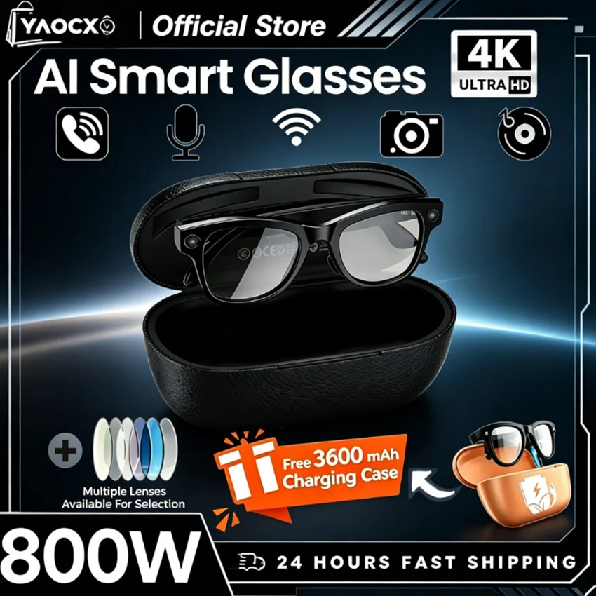 

2026 800W HD Camera Smart Glasses 1080P Taking Pictures 32GB Memory 3600 Large Capacity Battery Box AI Voice Music SmartGlasse
