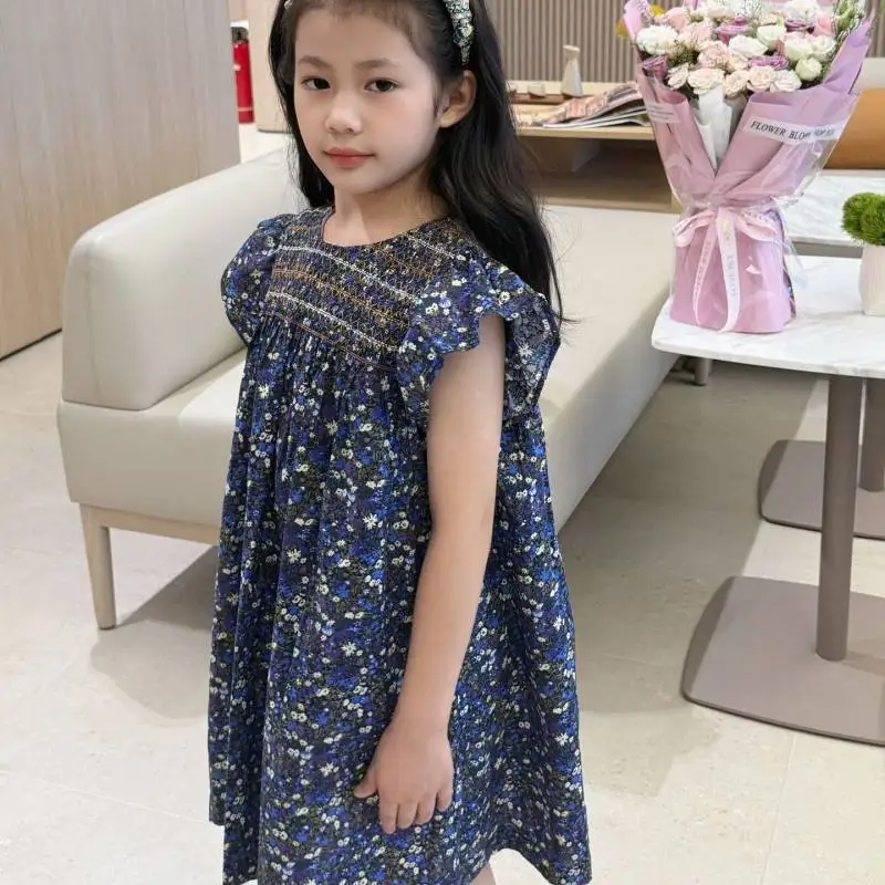 2026 Spring BP Baby Girls Flower Black Dress Smocking Dresses for Birthday Girls Elegant Floral Clothing