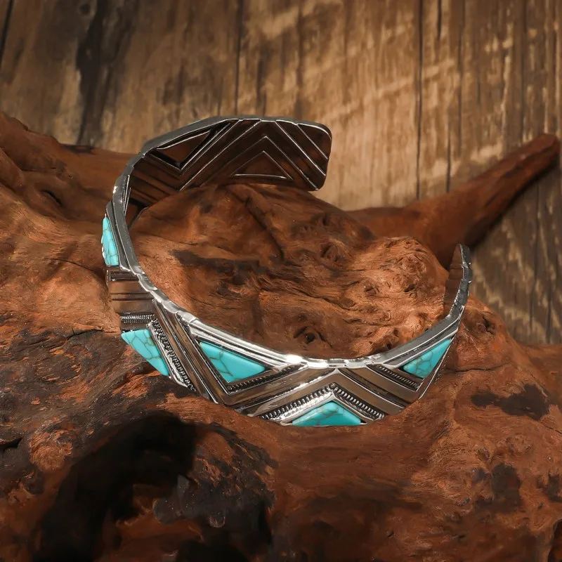 Southwest Style Cluster Cuff Statement Bracelet for Bohemian Lover Adjustable Vibrant Turquoise Engraved Geometric Cuff Bracelet