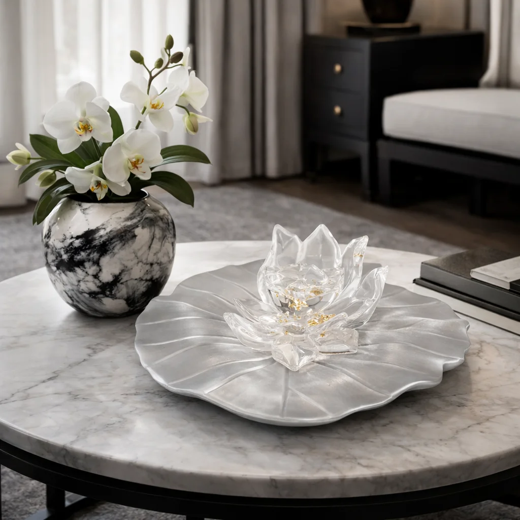 %R Elegant Resin Lotus Flower Ornament with Lotus Leaf Base Gold Accent Home Living Room Tabletop Decorative Piece！