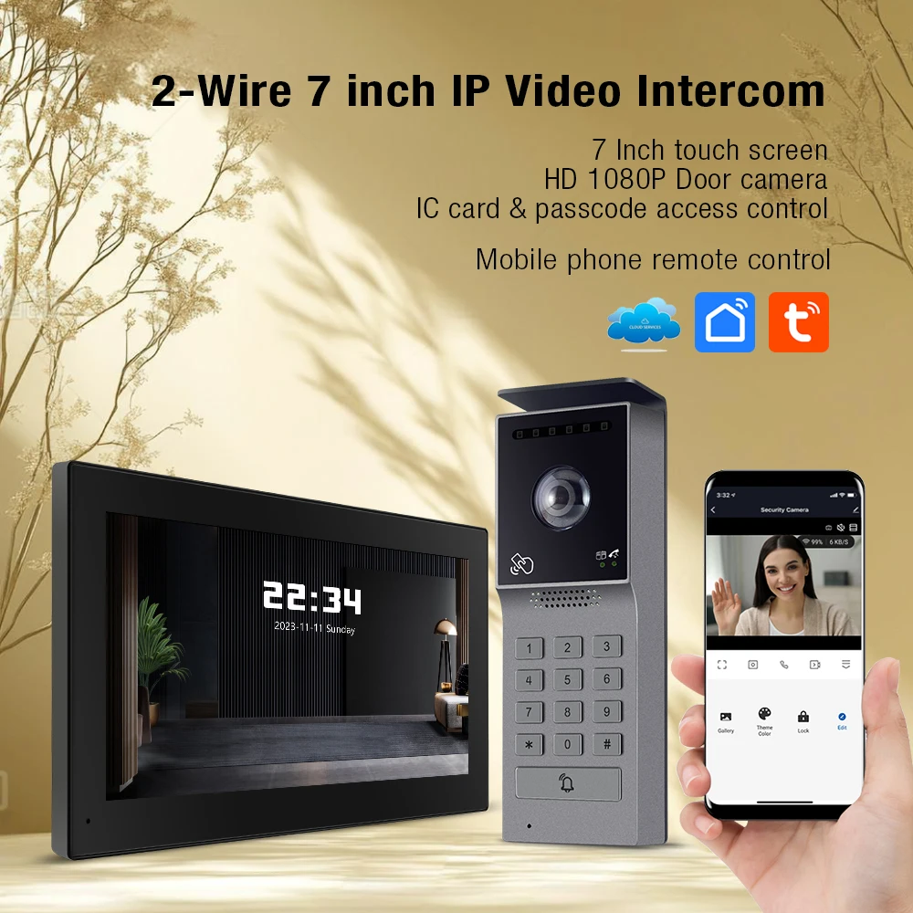 2-Wire Video Door Phone with TUYA App IC Card PIN Unlock  IP Camera Support Smart Video Intercom System for Home 1080P