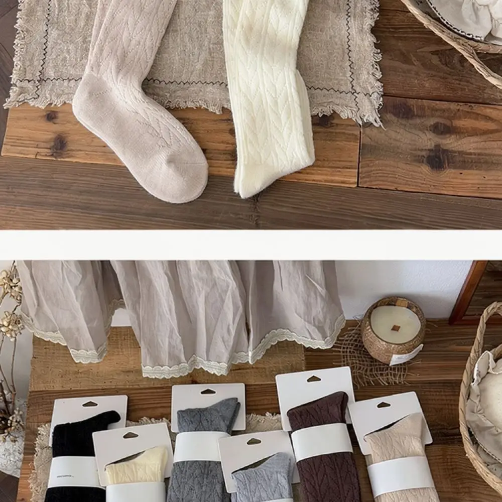 Womens Thermal Woolen Crew Socks Autumn Winter Thickened Retro Hollow Out Knit Soft Comfortable Cozy Bootie Stocking Hosiery
