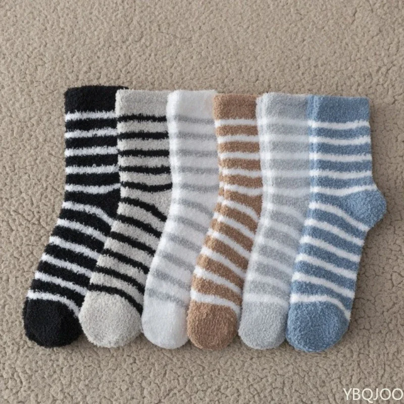 

6 pairs of coral fleece socks for men in winter without shedding hair thick warm floor socks striped men's sleep socks