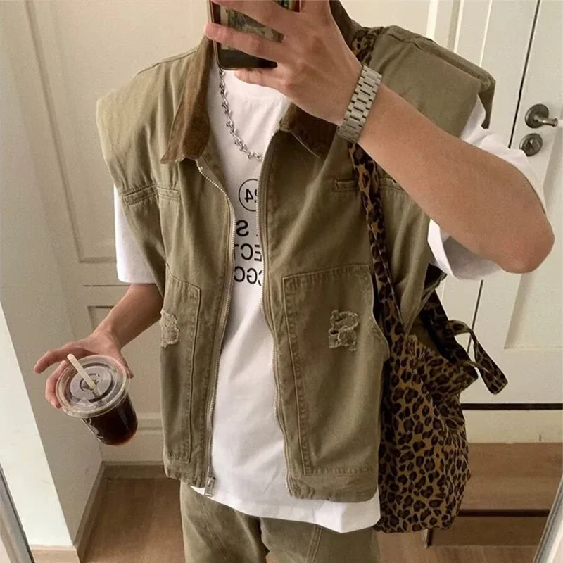 

Autumn Men's Zipper Sleeveless Denim Jackets Outwear Streetwear Khaki Cargo Vest Coats 2024 New Hip Hop Fashion Working Clothes