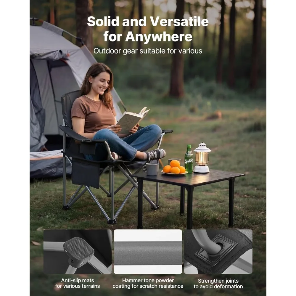 Oversized Camping Chair Heavy Folding Por with Lumbar Support Padded Side Pockets Cup Holder Cooler Bag for Outdoor