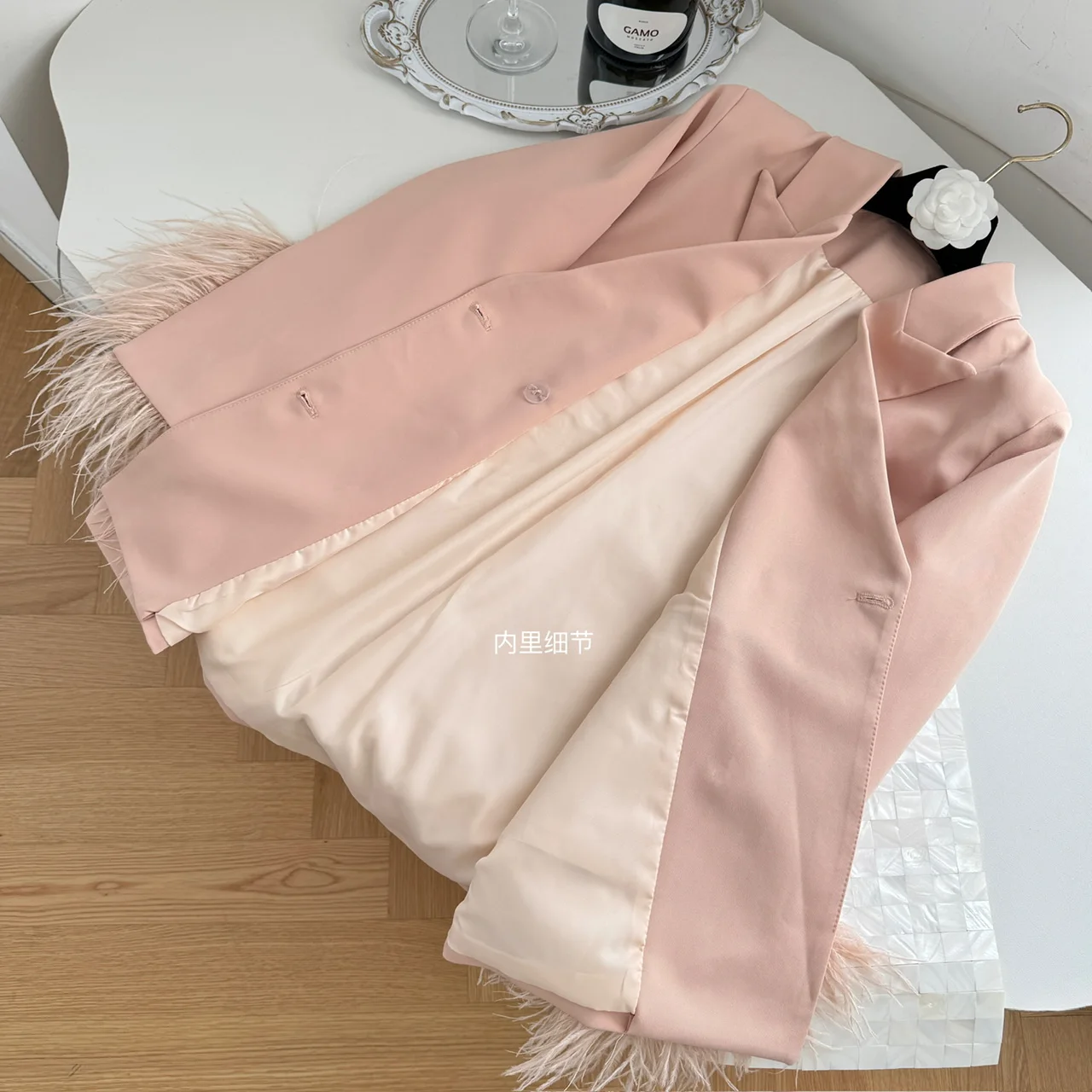 Luxury Fashion Autumn Pink Notched Collar Blazer Coat New High Quality Women Double-Breasted Ostrich Feathers Loose Suit Coat