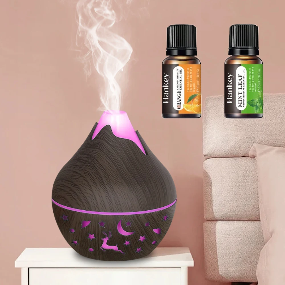 

Mini USB Humidifier Wood Grain Aroma Diffuser Ultrasonic Air Humidifier 7 LED Color Humidifier Cool Mist for Home and two bottle