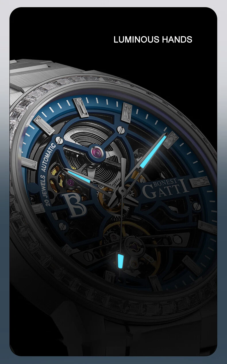 BONEST GATTI ساعة أوتوماتيكية للرجال 42 ملم ساعة يد ميكانيكية ياقوت زجاجي هيكل عظمي قرص كريستال مضيء
