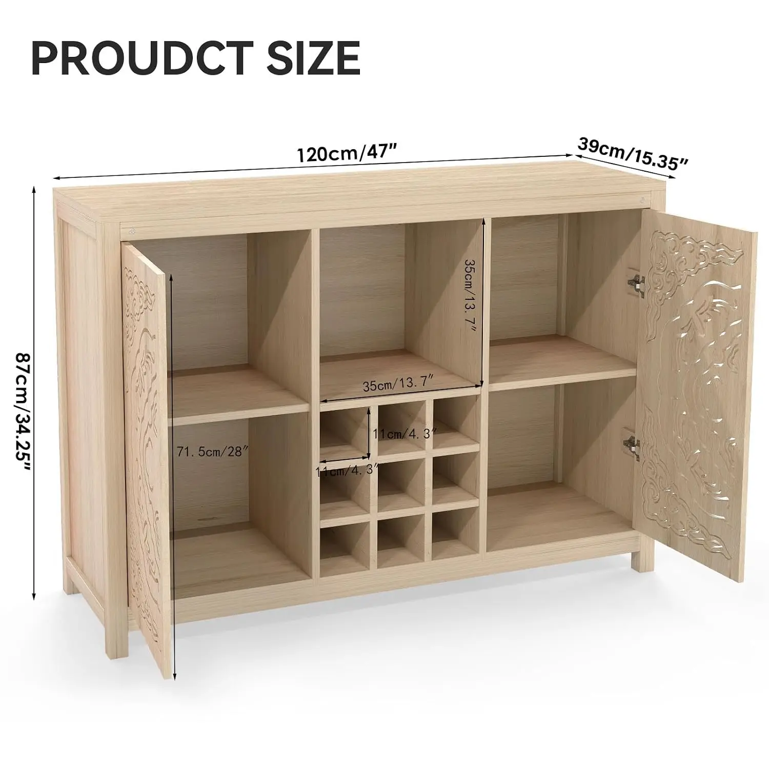 Wood Bar Cabinet with Adjustable Wine Rack & Storage, Buffet Sideboard for Living Dining Room, Customized